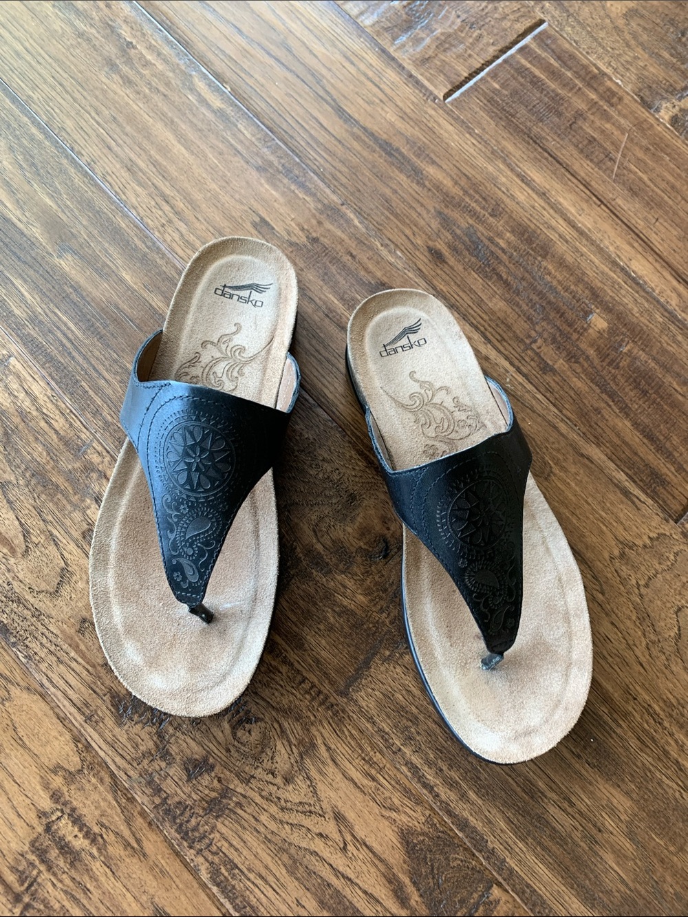 Dansko Black Embossed Leather Thong Sandals with Tan Footbed